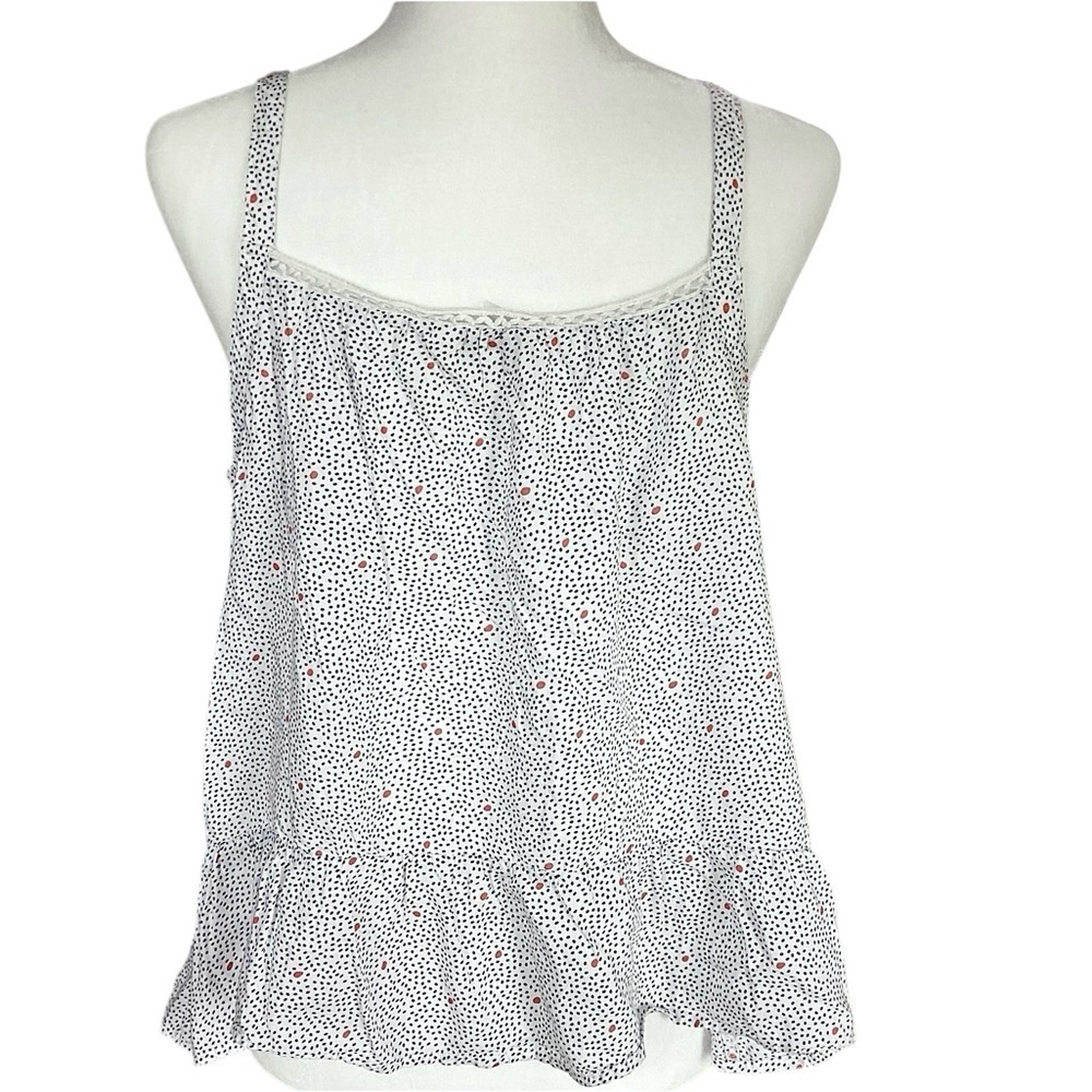 Lucky Brand Blue & Red Polka Dot on White Lace Trim Cotton Tank Top Size Large - Picture 4 of 16
